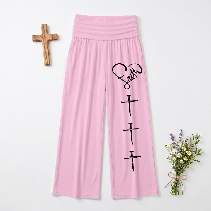 Christianartworkshop Contorno di cuore Fede Corsivo Tre Chiodi verticali Croce Stampa Pantaloni a gamba larga - Rosa - US22,UK/AU26,EU54 (6XL) - image 3