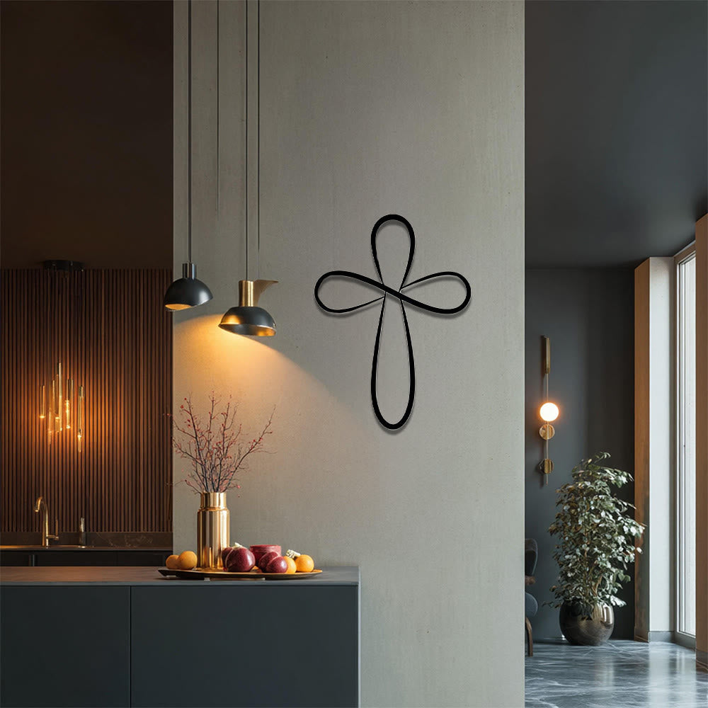 Christianartworkshop Decorazione murale minimalista a forma di croce in metallo con anello infinito e linea singola: emblema senza tempo della sacra grazia redentrice. - image 1