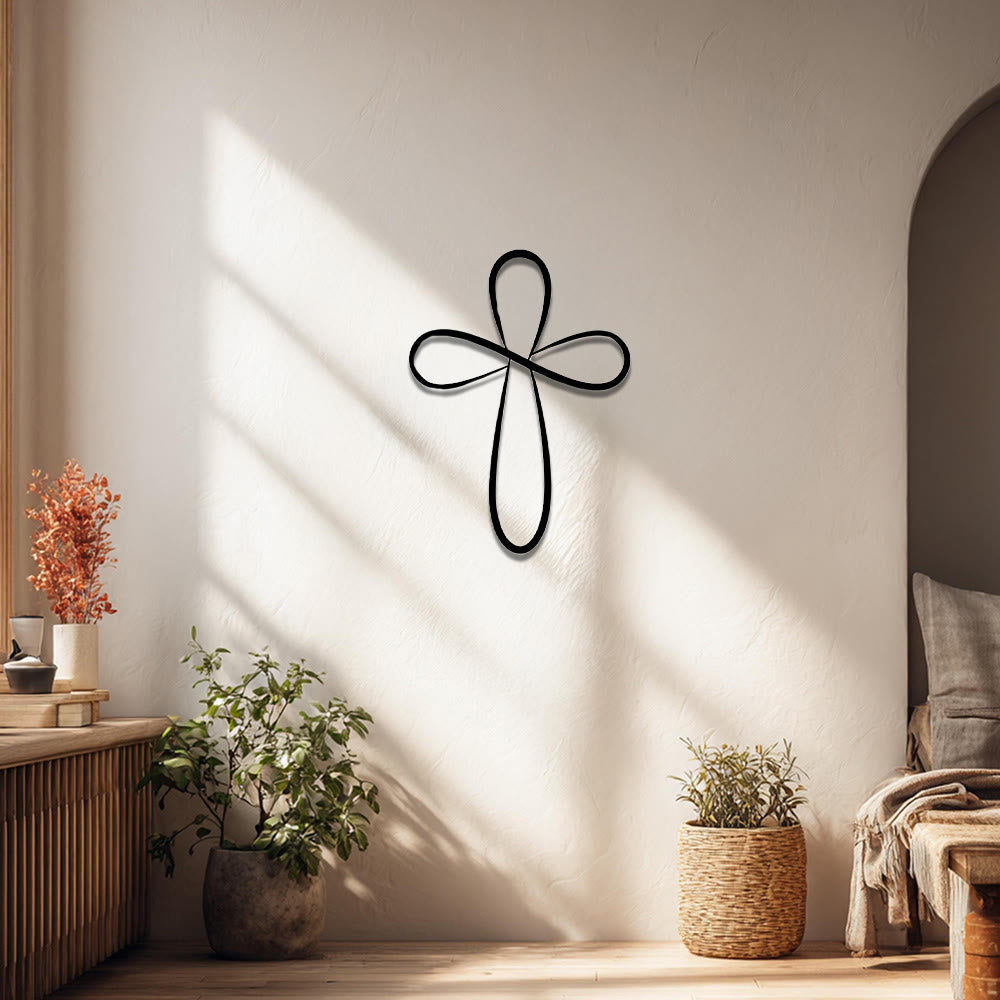 Christianartworkshop Decorazione murale minimalista a forma di croce in metallo con anello infinito e linea singola: emblema senza tempo della sacra grazia redentrice. - image 0