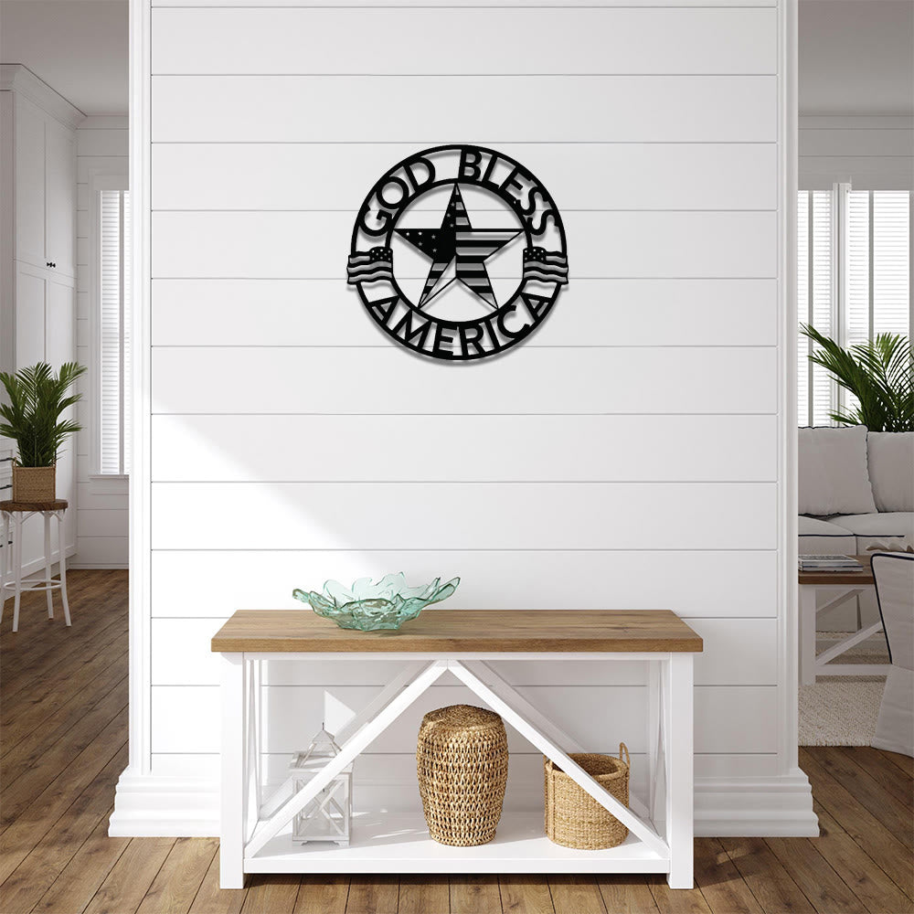 Christianartworkshop Decorazione murale in metallo con anello rotondo "God Bless USA Star Flag": emblema senza tempo della sacra grazia redentrice. - image 1