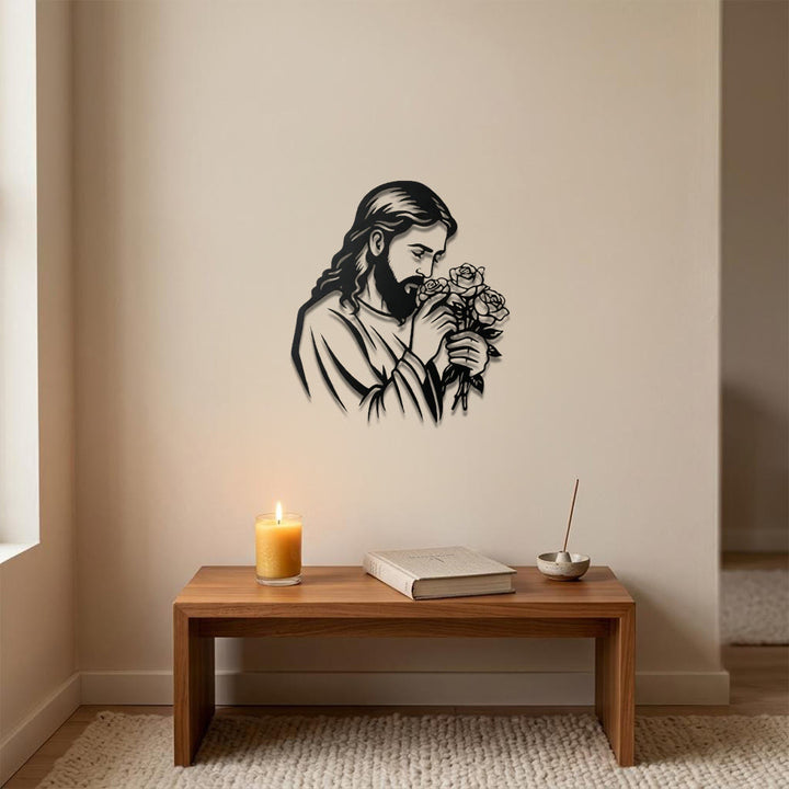 Christianartworkshop Decorazione murale in metallo con Gesù che tiene una rosa: emblema senza tempo della sacra grazia redentrice. - image 1