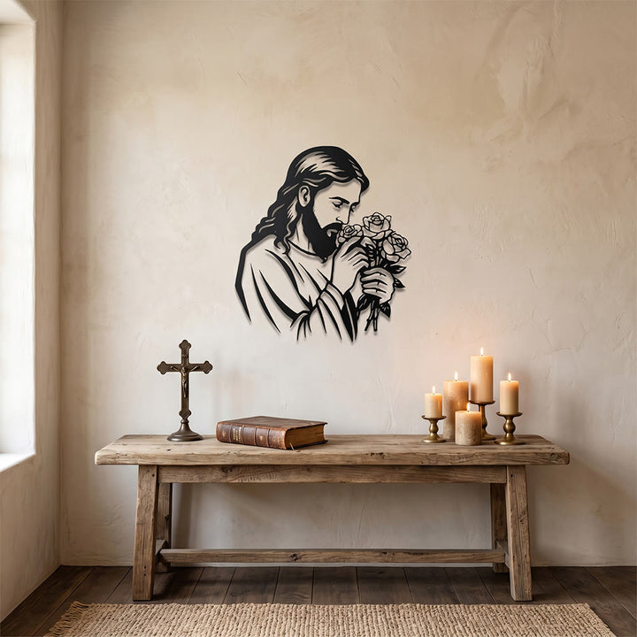 Christianartworkshop Decorazione murale in metallo con Gesù che tiene una rosa: emblema senza tempo della sacra grazia redentrice. - image 7