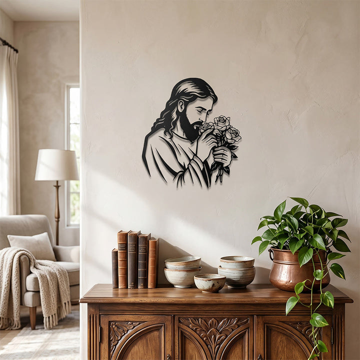 Christianartworkshop Decorazione murale in metallo con Gesù che tiene una rosa: emblema senza tempo della sacra grazia redentrice. - image 3
