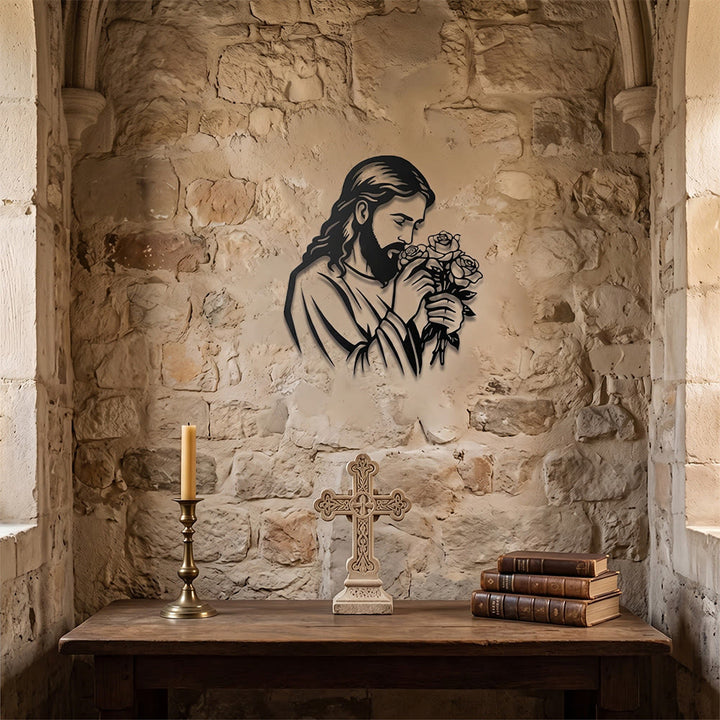Christianartworkshop Decorazione murale in metallo con Gesù che tiene una rosa: emblema senza tempo della sacra grazia redentrice. - image 4