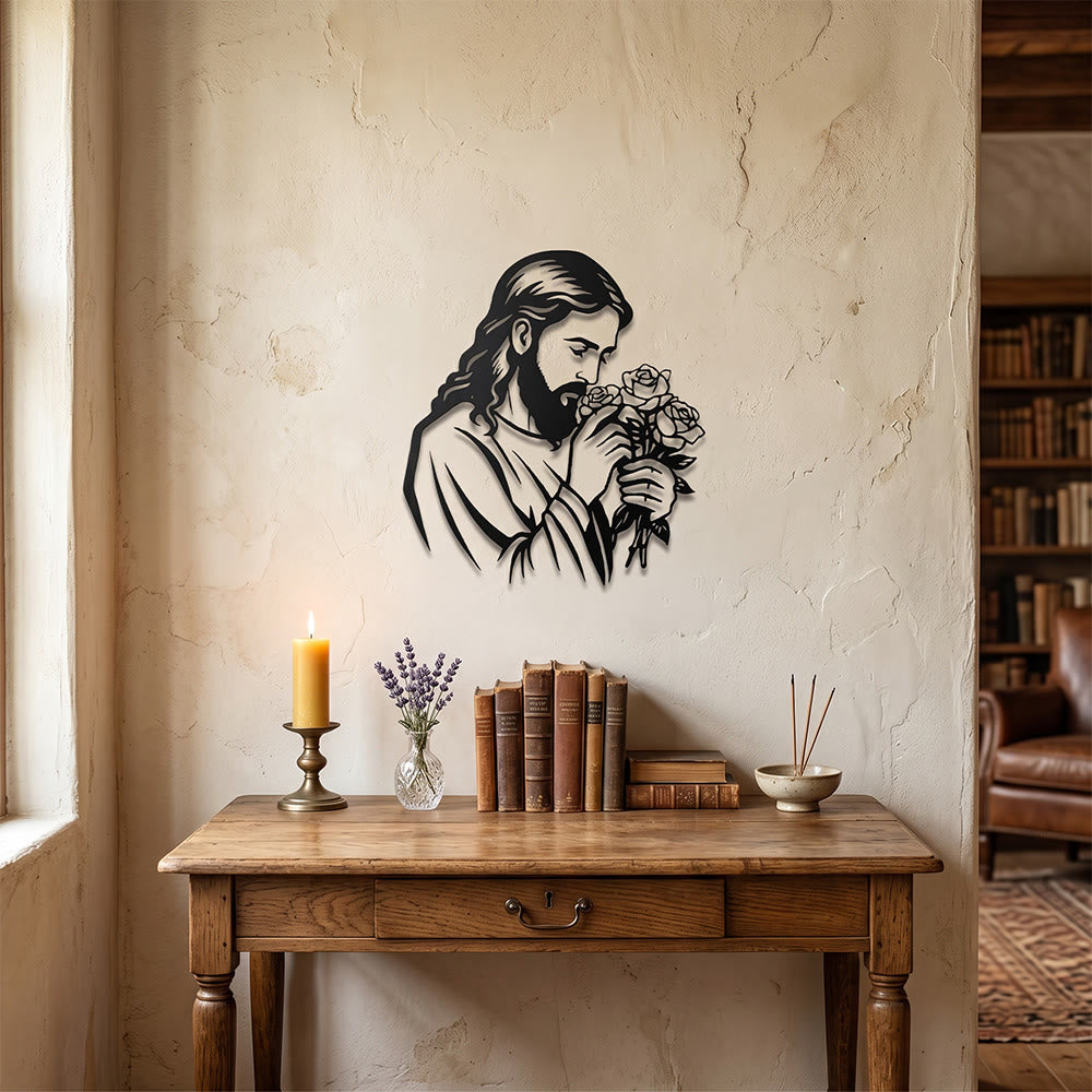 Christianartworkshop Decorazione murale in metallo con Gesù che tiene una rosa: emblema senza tempo della sacra grazia redentrice. - image 2