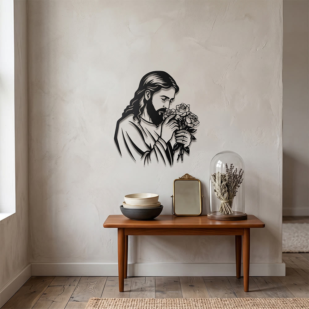 Christianartworkshop Decorazione murale in metallo con Gesù che tiene una rosa: emblema senza tempo della sacra grazia redentrice. - image 6