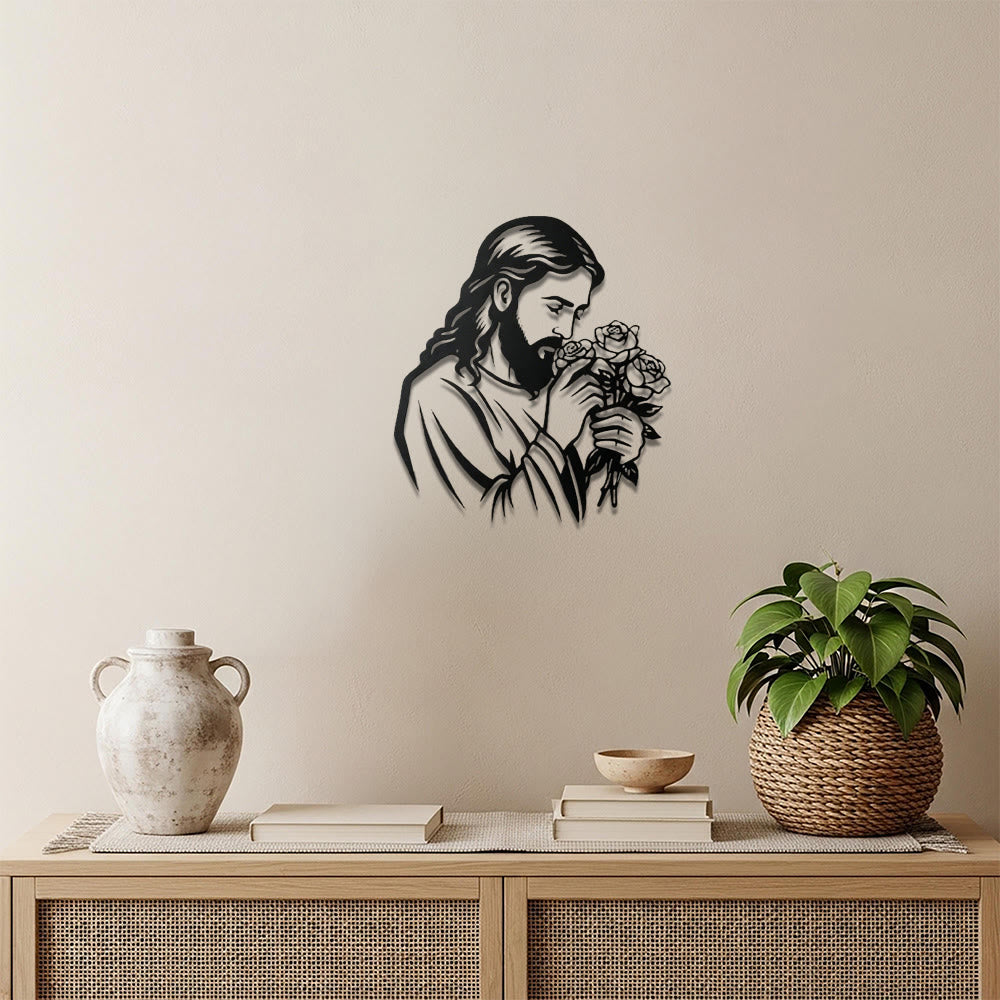 Christianartworkshop Decorazione murale in metallo con Gesù che tiene una rosa: emblema senza tempo della sacra grazia redentrice. - image 0