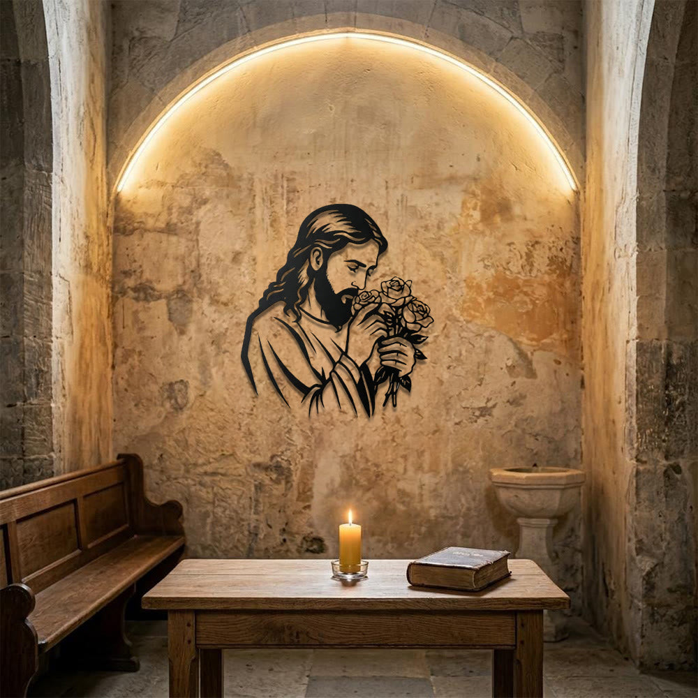 Christianartworkshop Decorazione murale in metallo con Gesù che tiene una rosa: emblema senza tempo della sacra grazia redentrice. - image 5