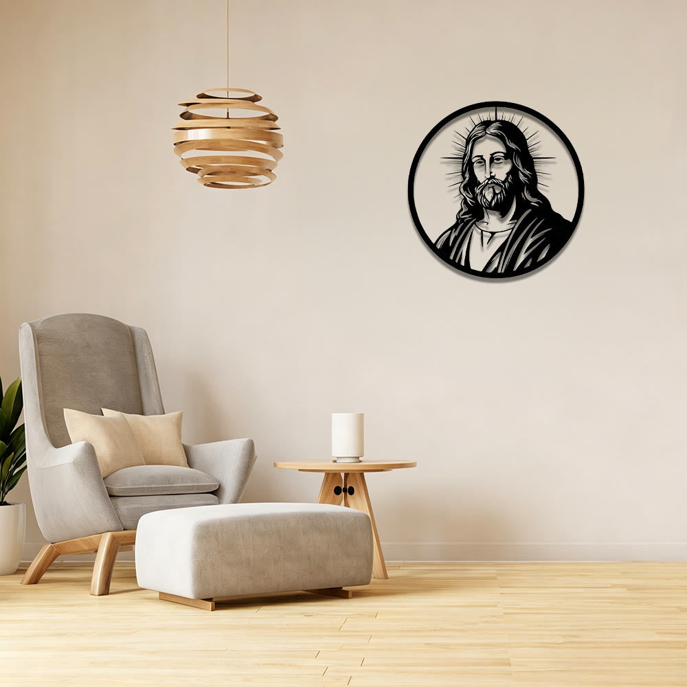 Christianartworkshop Decorazione murale in metallo con ritratto di Gesù e aureola radiosa con bordo circolare: emblema senza tempo della sacra grazia redentrice. - image 0