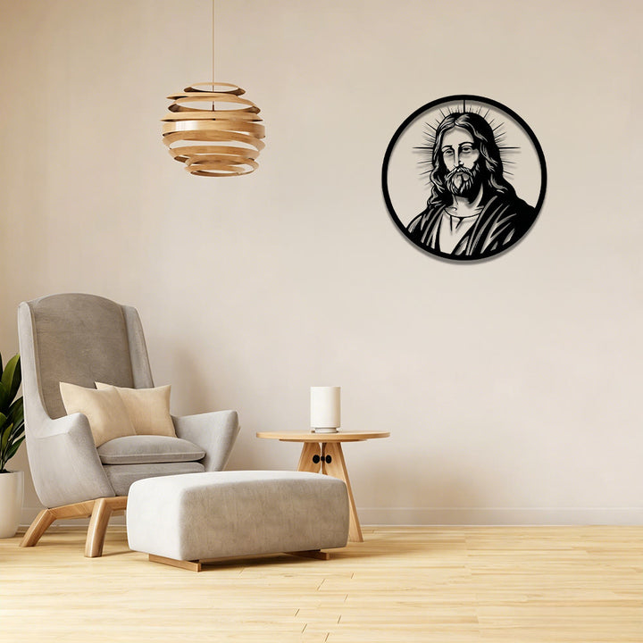Christianartworkshop Decorazione murale in metallo con ritratto di Gesù e aureola radiosa con bordo circolare: emblema senza tempo della sacra grazia redentrice. - image 0