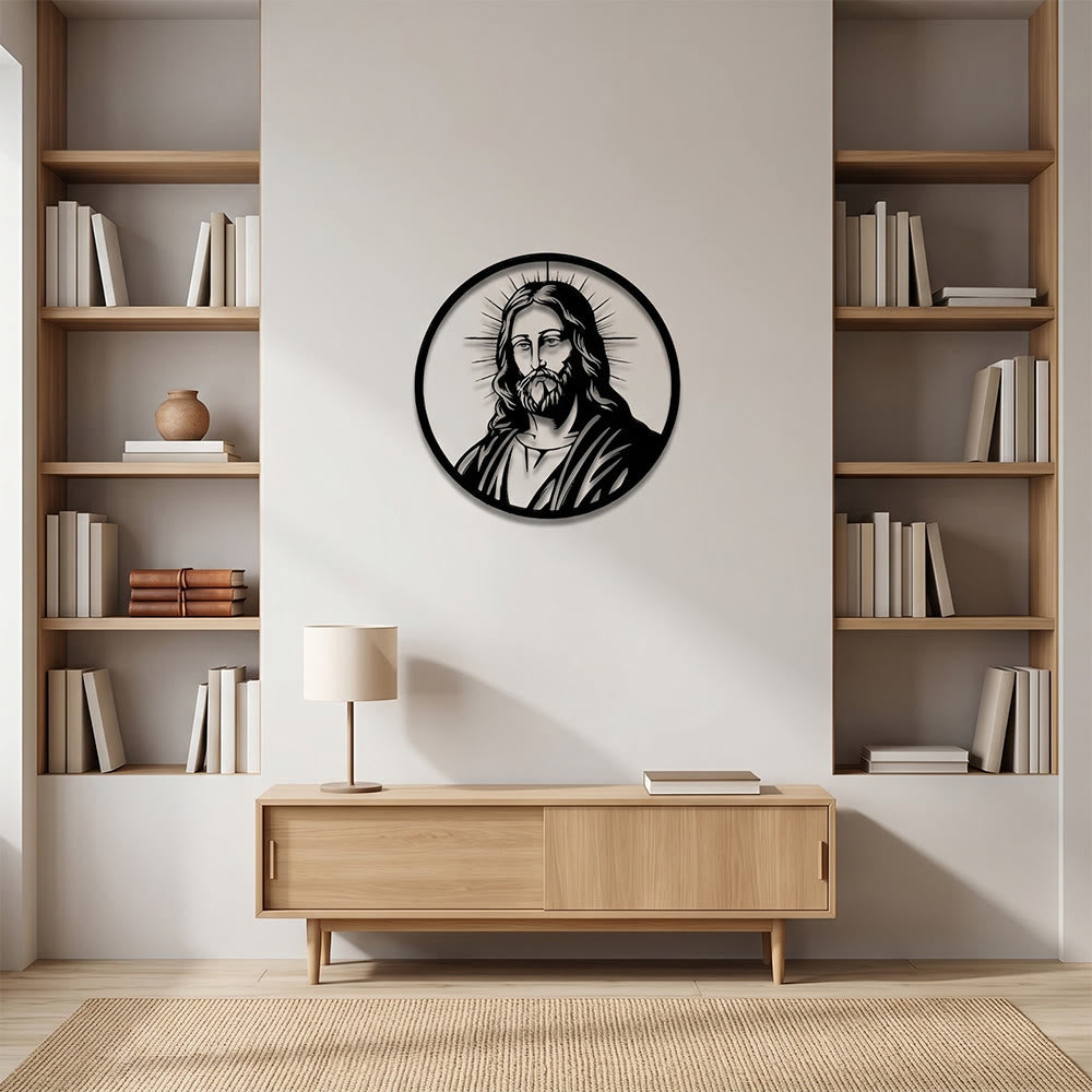 Christianartworkshop Decorazione murale in metallo con ritratto di Gesù e aureola radiosa con bordo circolare: emblema senza tempo della sacra grazia redentrice. - image 1