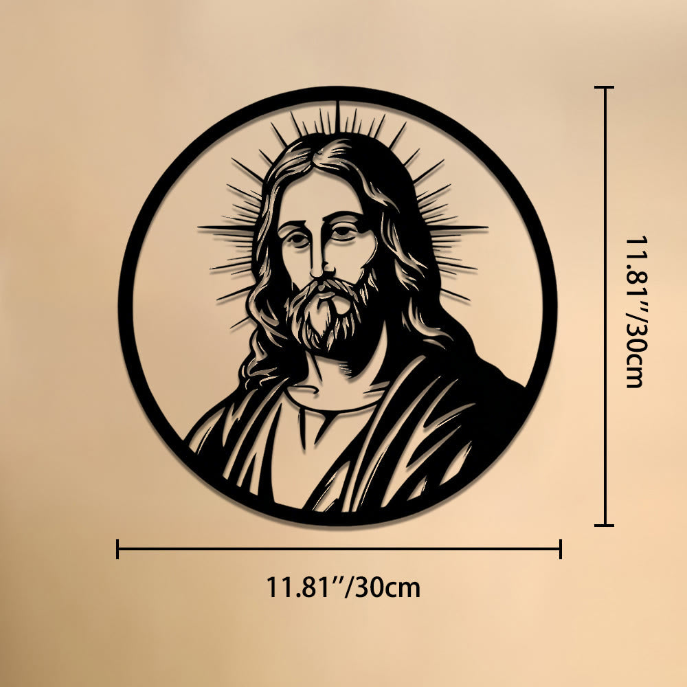 Christianartworkshop Decorazione murale in metallo con ritratto di Gesù e aureola radiosa con bordo circolare: emblema senza tempo della sacra grazia redentrice. - 11,81''*11,81''*0,04''/30cm*30cm*0,1cm - image 5