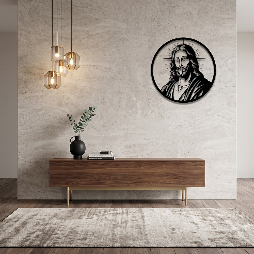 Christianartworkshop Decorazione murale in metallo con ritratto di Gesù e aureola radiosa con bordo circolare: emblema senza tempo della sacra grazia redentrice. - image 3