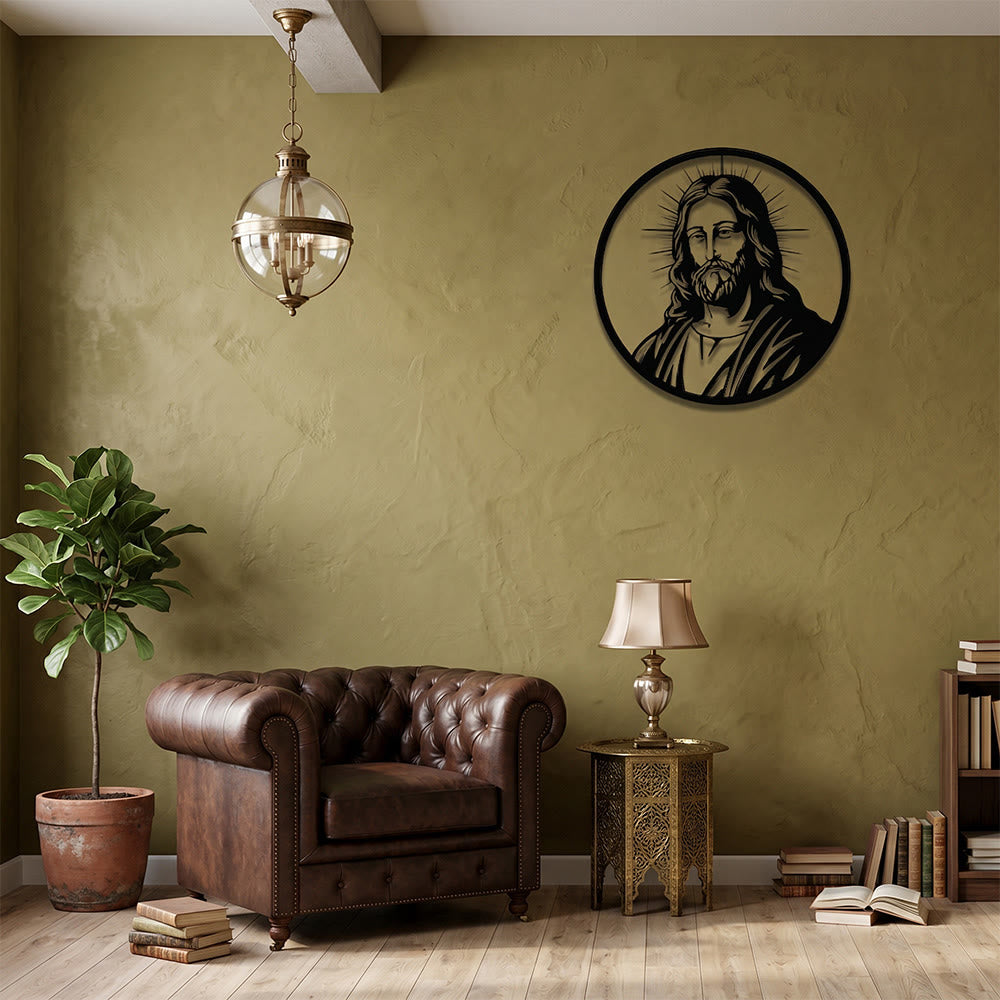 Christianartworkshop Decorazione murale in metallo con ritratto di Gesù e aureola radiosa con bordo circolare: emblema senza tempo della sacra grazia redentrice. - image 2