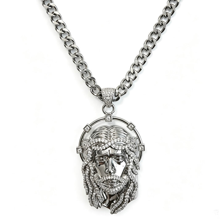 Christianartworkshop Collana con ciondolo ovale con aureola di strass e volto sacro, a maglie multiple: emblema senza tempo di dolce protezione celeste. - Catena in argento e cubana - image 15