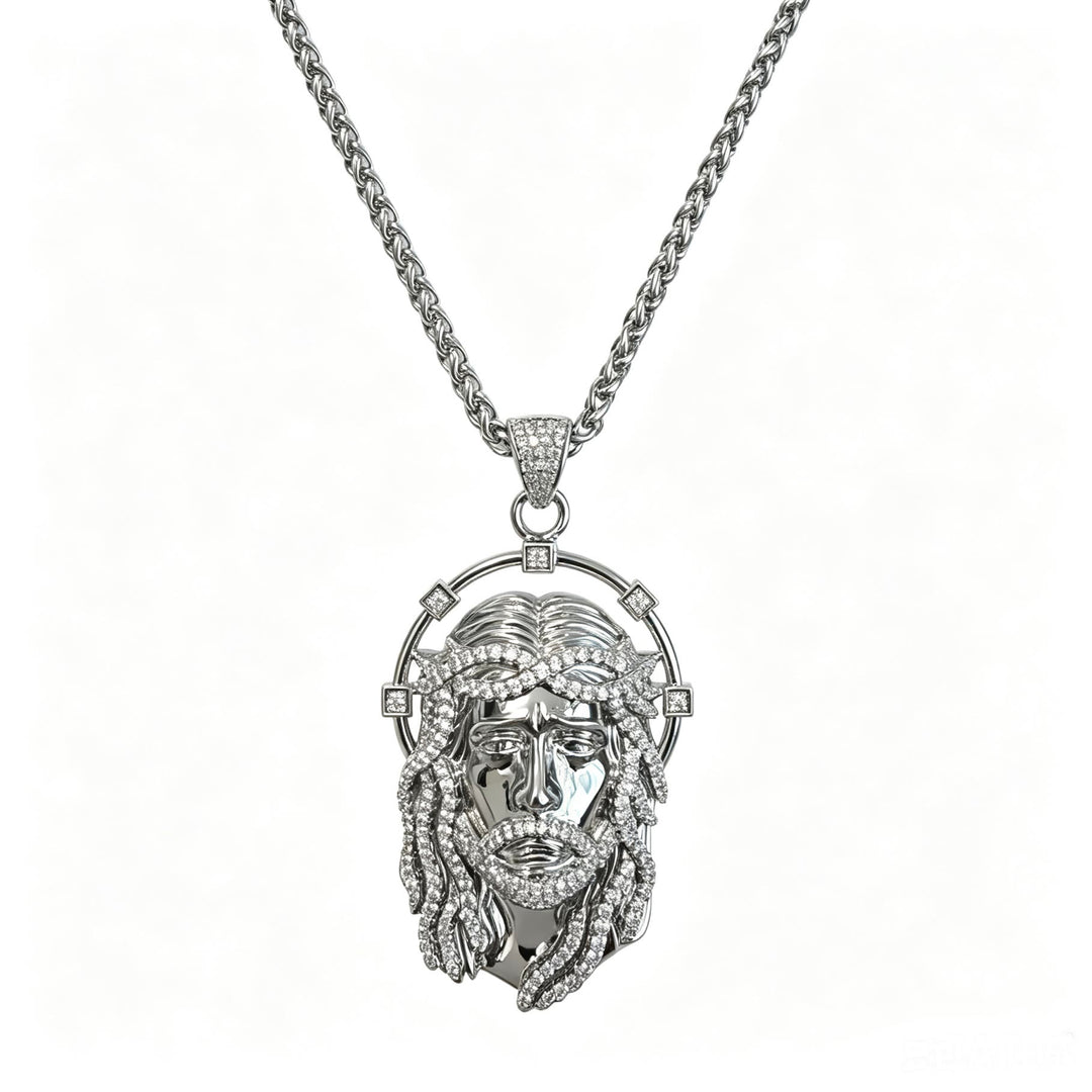 Christianartworkshop Collana con ciondolo ovale con aureola di strass e volto sacro, a maglie multiple: emblema senza tempo di dolce protezione celeste. - Catena in argento e a cestino - image 16