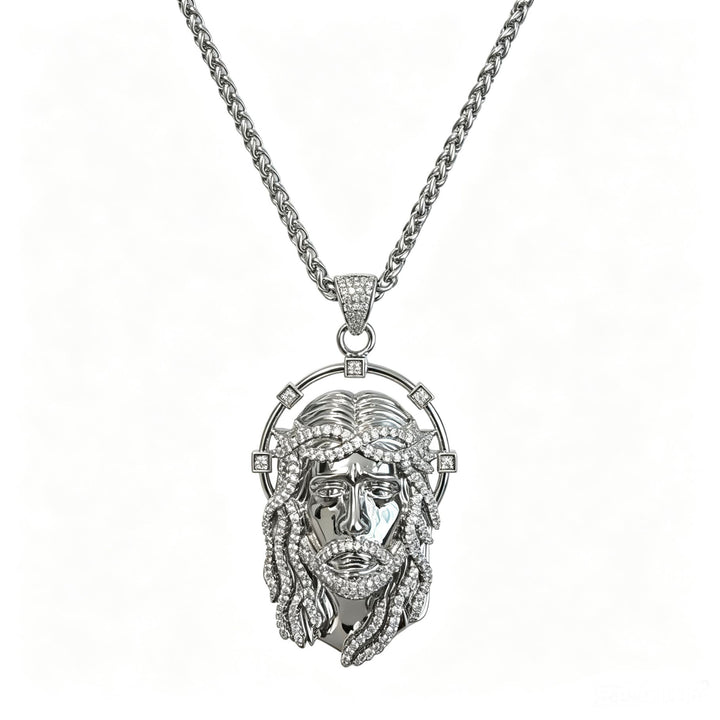 Christianartworkshop Collana con ciondolo ovale con aureola di strass e volto sacro, a maglie multiple: emblema senza tempo di dolce protezione celeste. - Catena in argento e a cestino - image 16