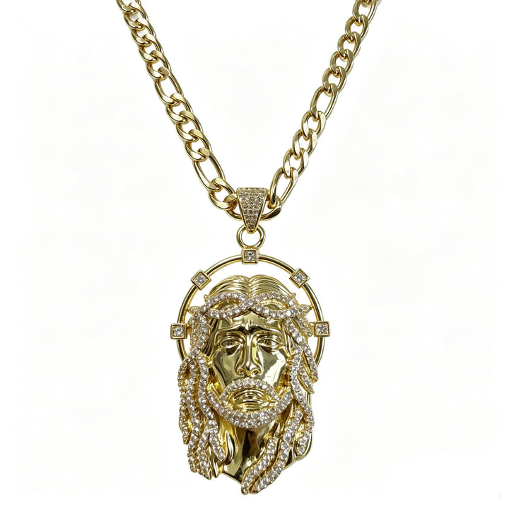 Christianartworkshop Collana con ciondolo ovale con aureola di strass e volto sacro, a maglie multiple: emblema senza tempo di dolce protezione celeste. - Catena Golden & Figaro - image 5