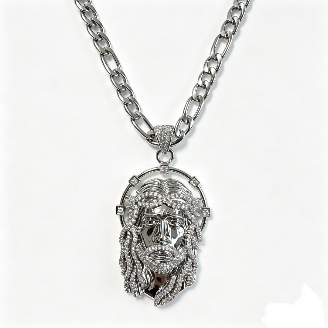 Christianartworkshop Collana con ciondolo ovale con aureola di strass e volto sacro, a maglie multiple: emblema senza tempo di dolce protezione celeste. - Catena in argento e fimaro - image 14