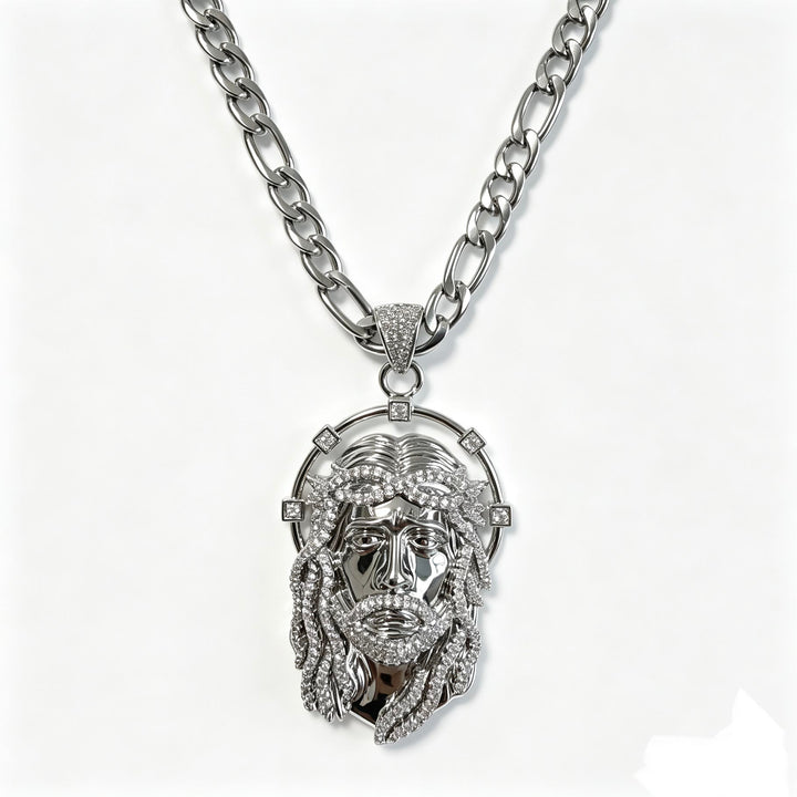 Christianartworkshop Collana con ciondolo ovale con aureola di strass e volto sacro, a maglie multiple: emblema senza tempo di dolce protezione celeste. - Catena in argento e fimaro - image 14