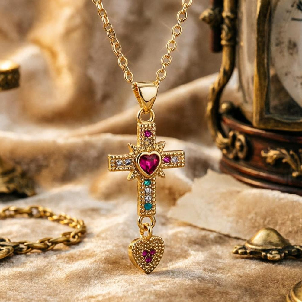 Christianartworkshop Collana con Sacro Cuore e croce di pietre colorate e scintillanti e orecchini a cerchio: simbolo senza tempo di dolce protezione celeste. - image 1