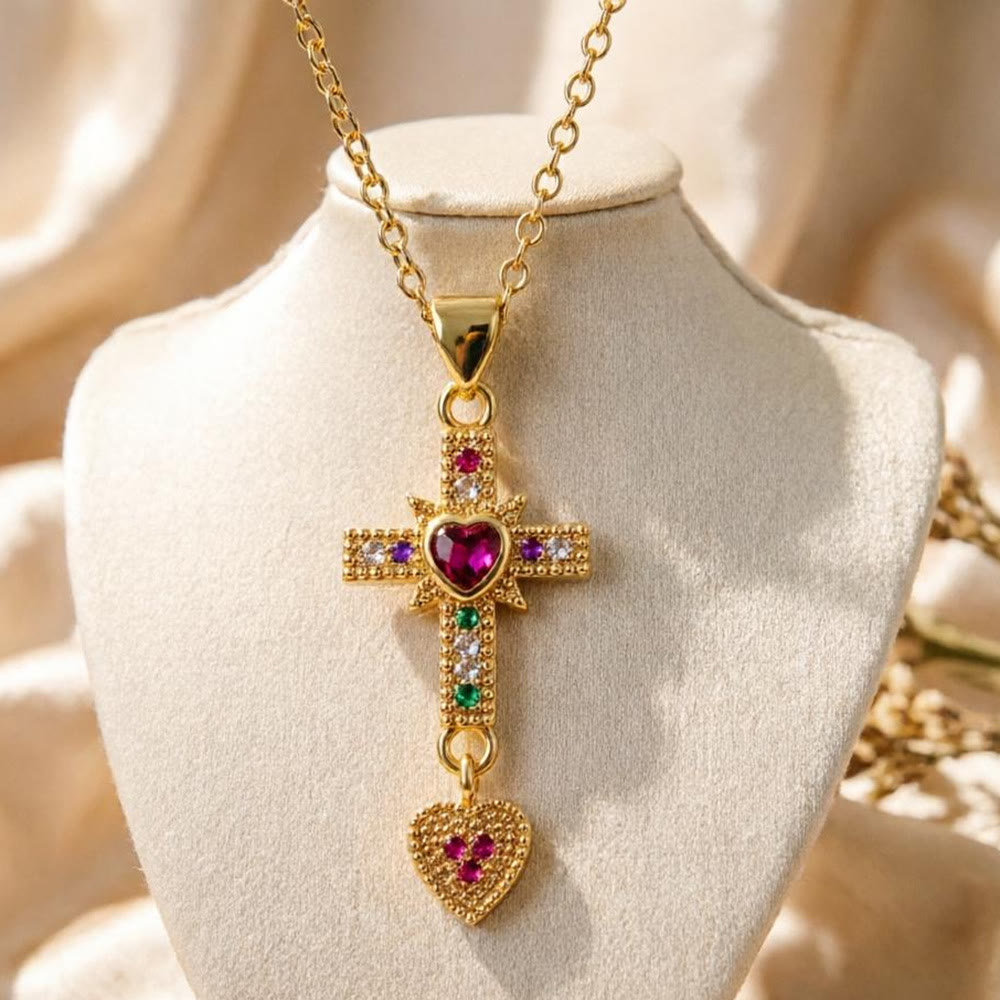 Christianartworkshop Collana con Sacro Cuore e croce di pietre colorate e scintillanti e orecchini a cerchio: simbolo senza tempo di dolce protezione celeste. - image 0