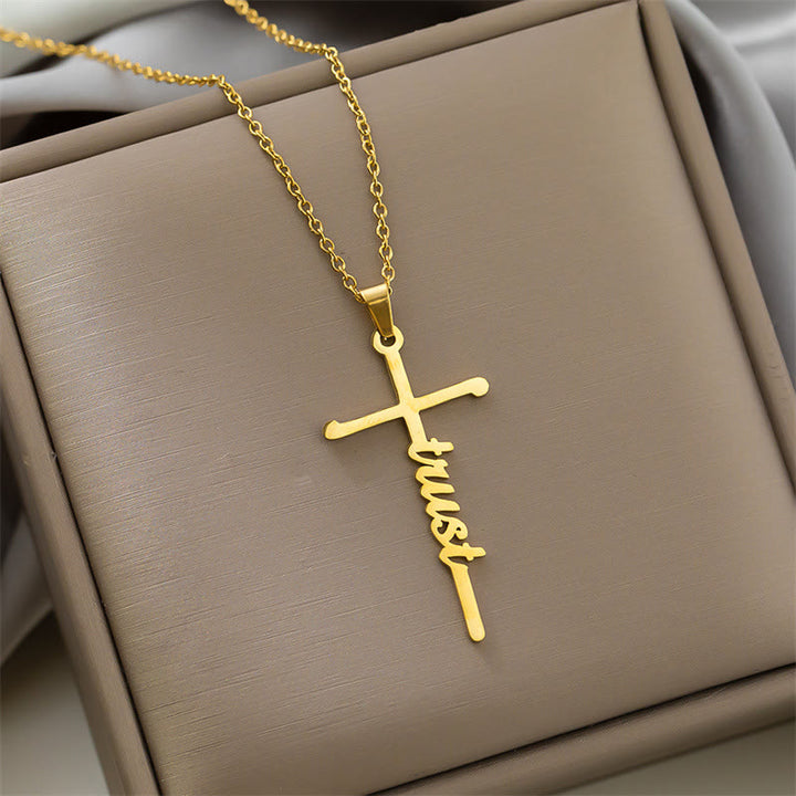 Christianartworkshop Collana con ciondolo a croce integrato con scritta "Faith" in corsivo, in diversi stili: emblema senza tempo di dolce protezione celeste. - Fiducia - D'oro - image 13