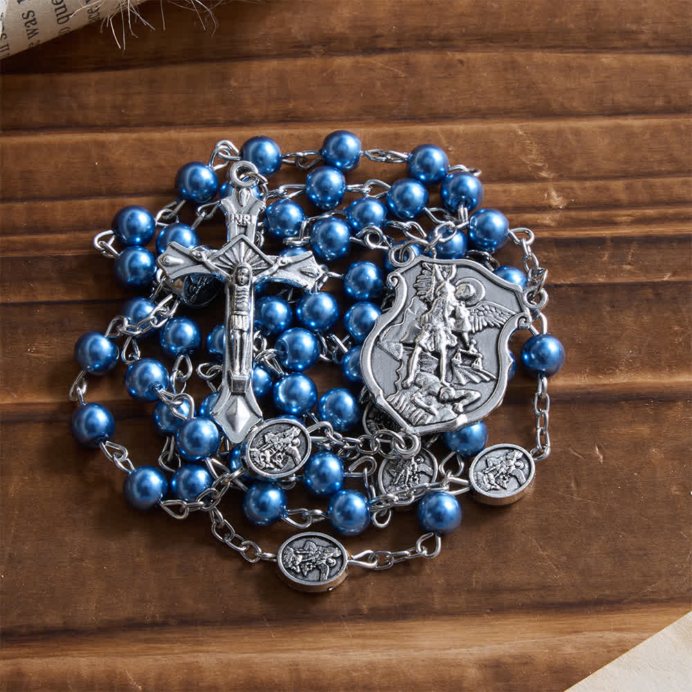 Rosario Christianartworkshop in argento o blu con medaglia dell'arcangelo in argento antico e scatola rotonda incisa abbinata. - image 7