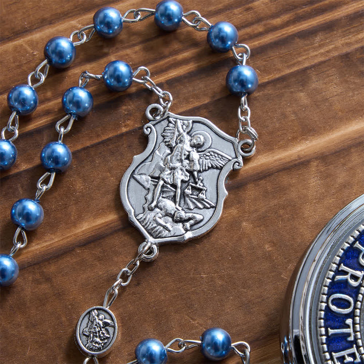 Rosario Christianartworkshop in argento o blu con medaglia dell'arcangelo in argento antico e scatola rotonda incisa abbinata. - image 11