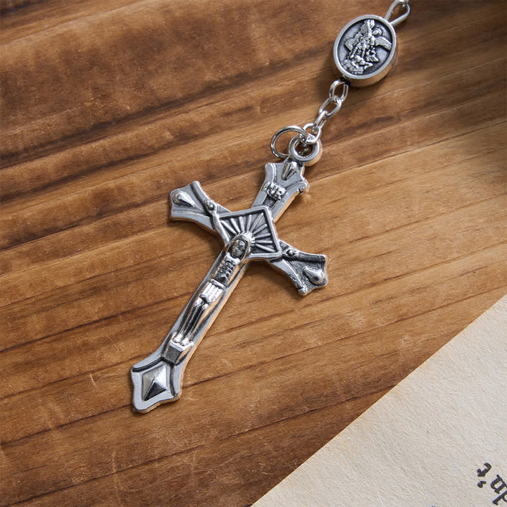 Rosario Christianartworkshop in argento o blu con medaglia dell'arcangelo in argento antico e scatola rotonda incisa abbinata. - image 10