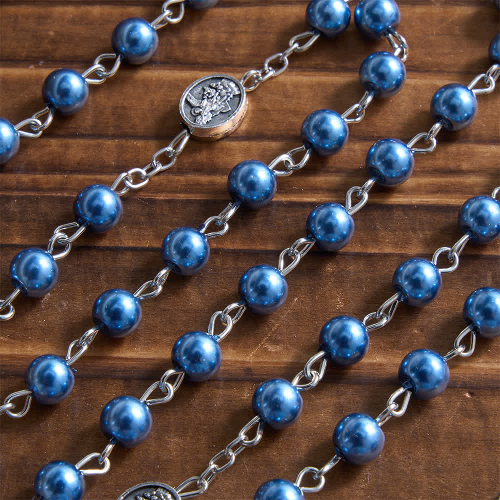 Rosario Christianartworkshop in argento o blu con medaglia dell'arcangelo in argento antico e scatola rotonda incisa abbinata. - image 9