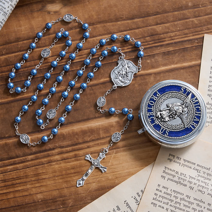 Rosario Christianartworkshop in argento o blu con medaglia dell'arcangelo in argento antico e scatola rotonda incisa abbinata. - Blu - image 5