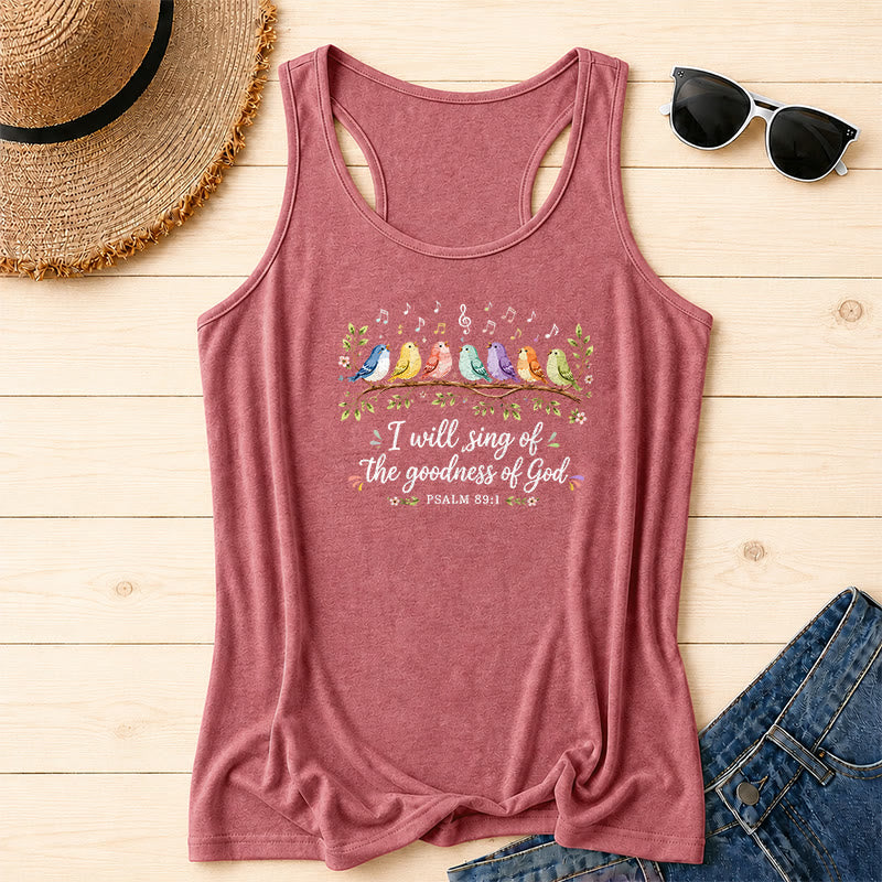 Christianartworkshop Uccelli arcobaleno ad acquerello su un ramo, accenti floreali e foglia, canterò la bontà di Dio, versetto del Salmo, canotta da corsa con scritta in corsivo - Rosa - 2XL - image 0