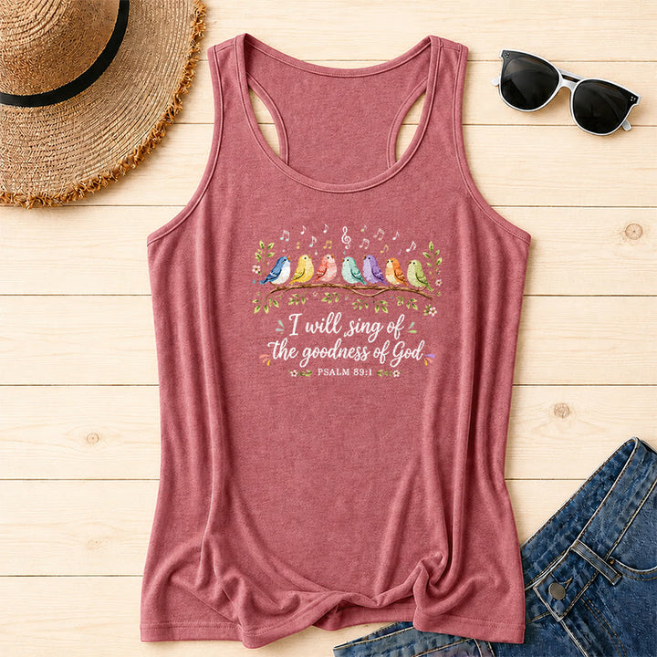 Christianartworkshop Uccelli arcobaleno ad acquerello su un ramo, accenti floreali e foglia, canterò la bontà di Dio, versetto del Salmo, canotta da corsa con scritta in corsivo - Rosa - 2XL - image 0