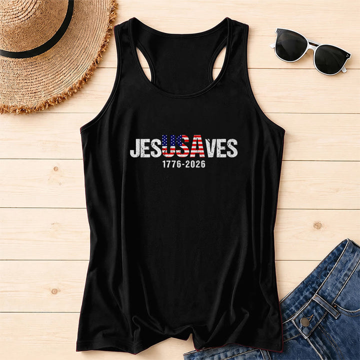 Christianartworkshop JESUSAVES Lettera combinata Bandiera americana Riempimento Distressed Block Font 1776-2026 Sotto testo Stampa frontale Racerback Tank Top - Nero - 2XL - image 2
