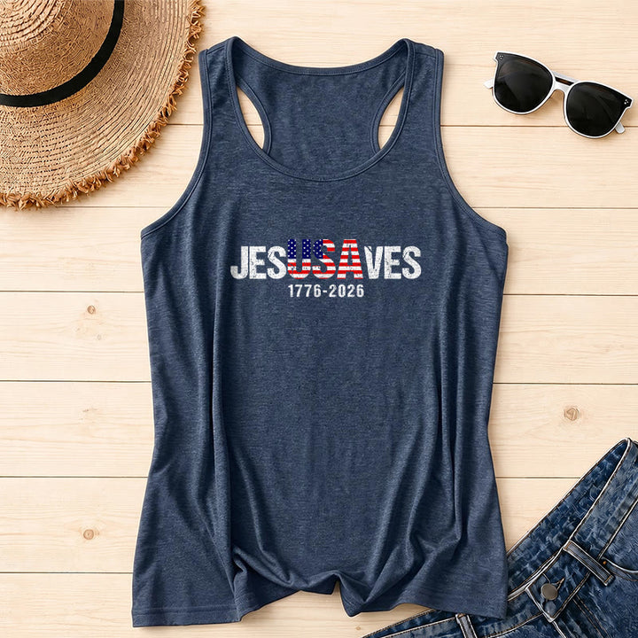 Christianartworkshop JESUSAVES Lettera combinata Bandiera americana Riempimento Distressed Block Font 1776-2026 Sotto testo Stampa frontale Racerback Tank Top - Blu navy - 2XL - image 0
