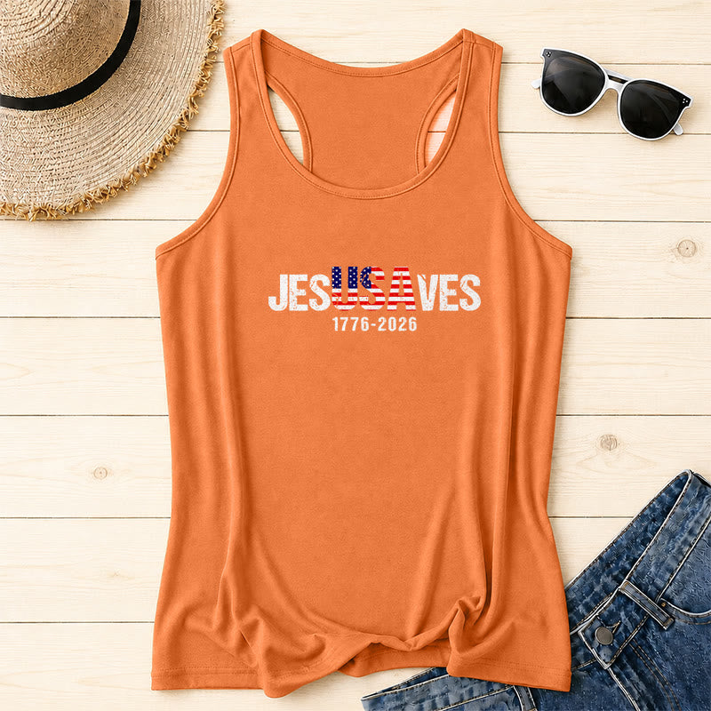 Christianartworkshop JESUSAVES Lettera combinata Bandiera americana Riempimento Distressed Block Font 1776-2026 Sotto testo Stampa frontale Racerback Tank Top - Arancia - 2XL - image 14