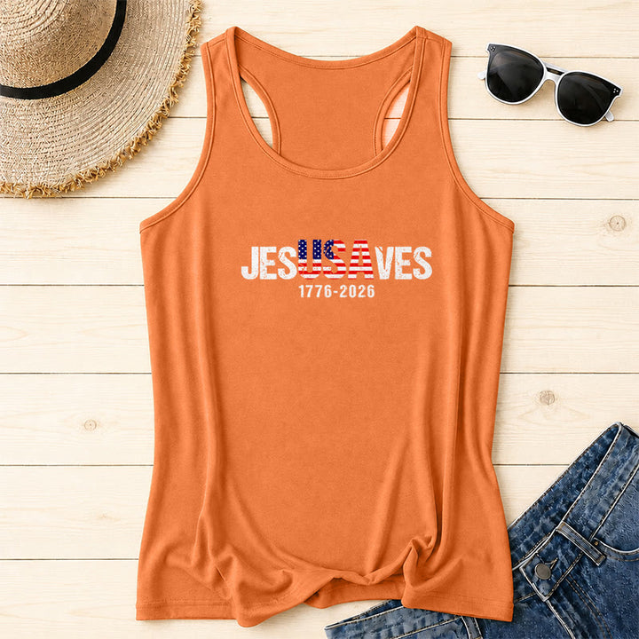 Christianartworkshop JESUSAVES Lettera combinata Bandiera americana Riempimento Distressed Block Font 1776-2026 Sotto testo Stampa frontale Racerback Tank Top - Arancia - 2XL - image 14