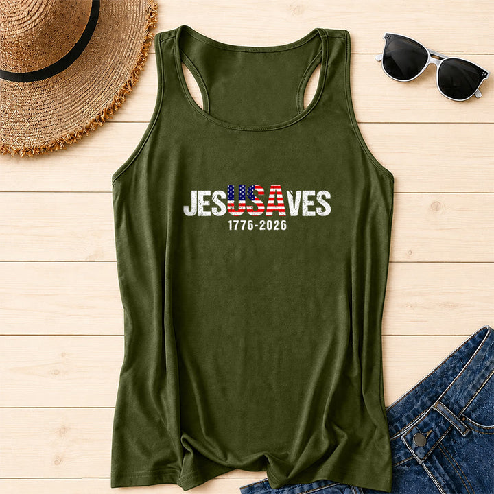 Christianartworkshop JESUSAVES Lettera combinata Bandiera americana Riempimento Distressed Block Font 1776-2026 Sotto testo Stampa frontale Racerback Tank Top - Verde militare - 2XL - image 12