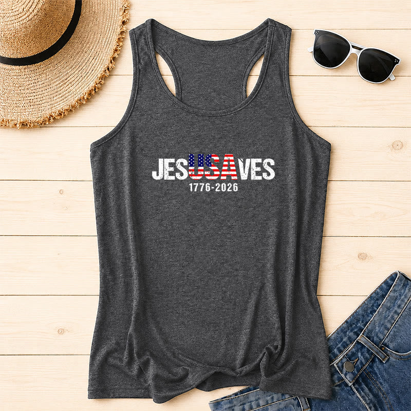 Christianartworkshop JESUSAVES Lettera combinata Bandiera americana Riempimento Distressed Block Font 1776-2026 Sotto testo Stampa frontale Racerback Tank Top - Grigio - 2XL - image 18