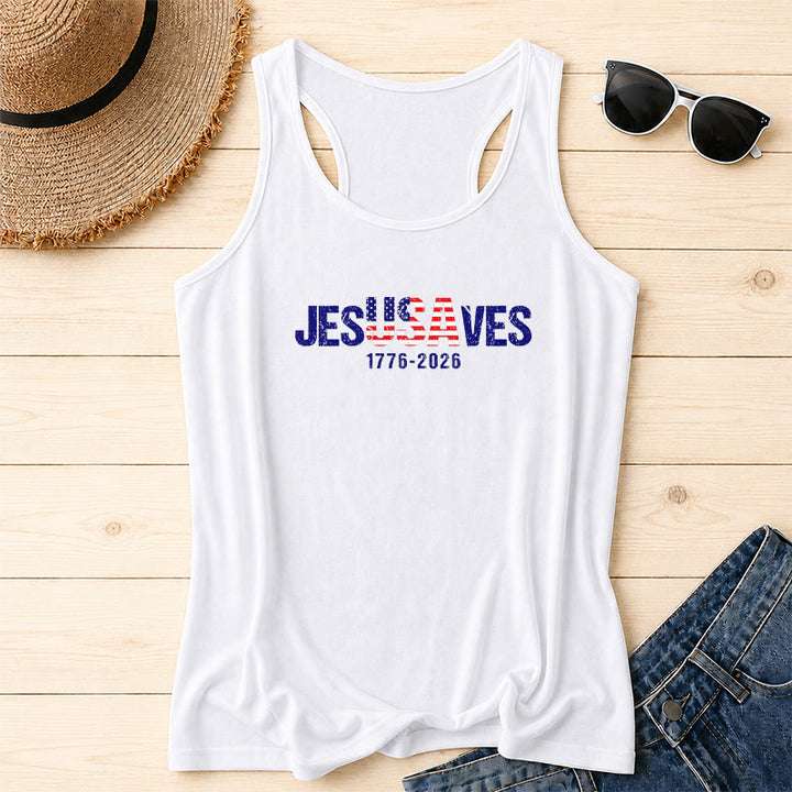 Christianartworkshop JESUSAVES Lettera combinata Bandiera americana Riempimento Distressed Block Font 1776-2026 Sotto testo Stampa frontale Racerback Tank Top - Bianco - 2XL - image 6