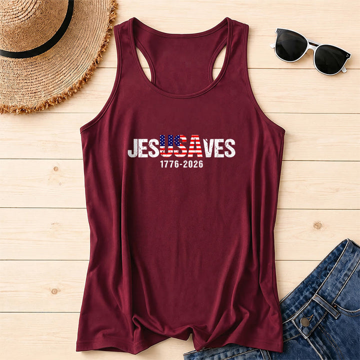 Christianartworkshop JESUSAVES Lettera combinata Bandiera americana Riempimento Distressed Block Font 1776-2026 Sotto testo Stampa frontale Racerback Tank Top - Vino - 2XL - image 16