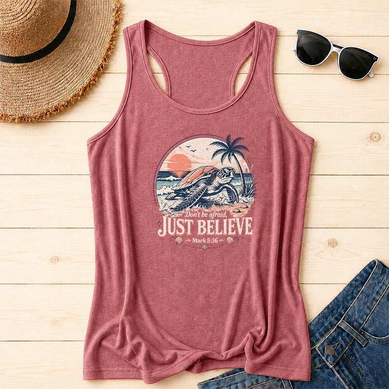 Christianartworkshop Vintage Circular Beach Wave Palm Tree Cross Sunset Doodle JUST BELIEVE Distressed Block Font Front Print Racerback Tank Top - Rosa - 2XL - image 0