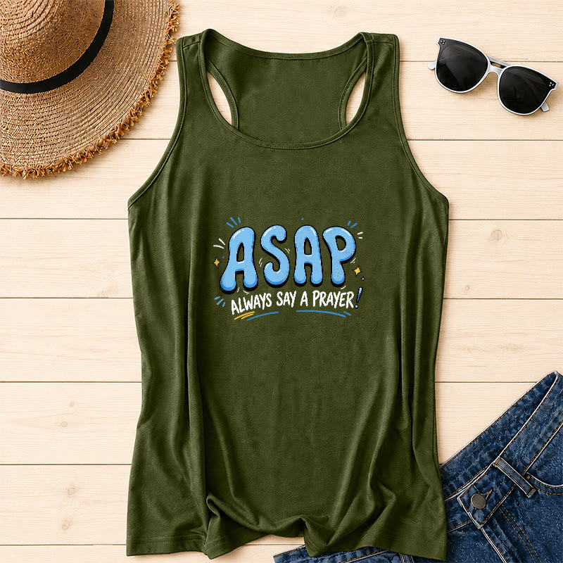 Christianartworkshop Cartoon Bubble Large ASAP Letter Small Star Spark Accent Always Say A Prayer Racerback Tank Top - Verde militare - 2XL - image 12
