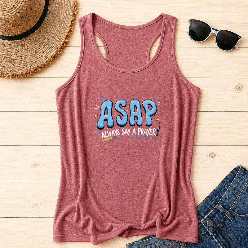 Christianartworkshop Cartoon Bubble Large ASAP Letter Small Star Spark Accent Always Say A Prayer Racerback Tank Top - Rosa - 2XL - image 2