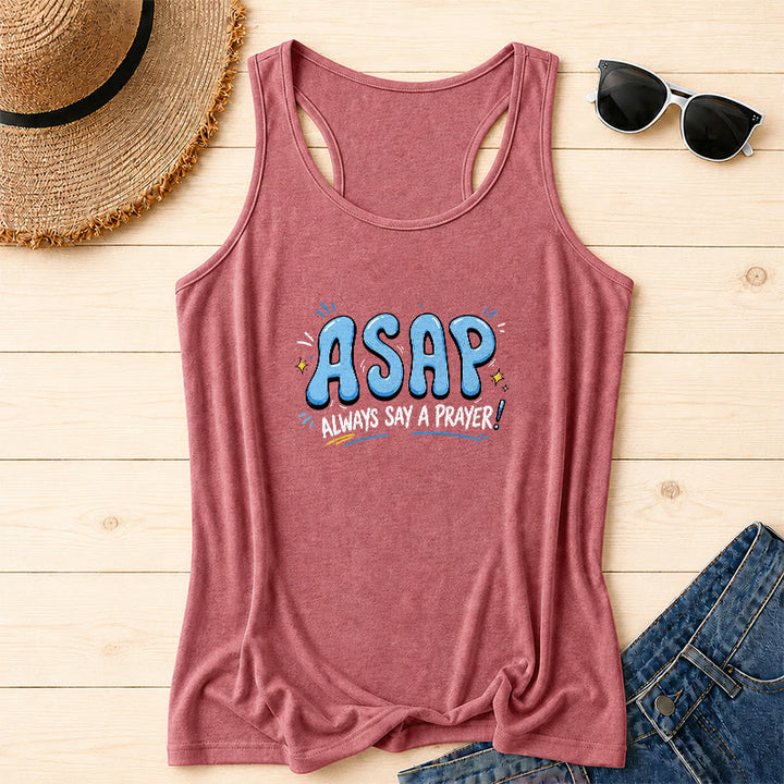 Christianartworkshop Cartoon Bubble Large ASAP Letter Small Star Spark Accent Always Say A Prayer Racerback Tank Top - Rosa - 2XL - image 2