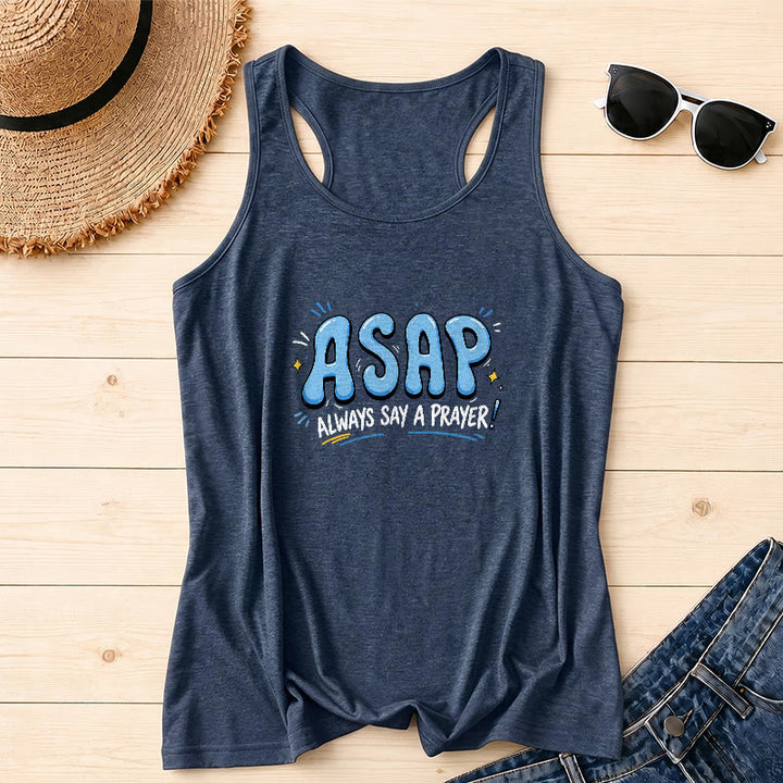 Christianartworkshop Cartoon Bubble Large ASAP Letter Small Star Spark Accent Always Say A Prayer Racerback Tank Top - Blu navy - 2XL - image 0