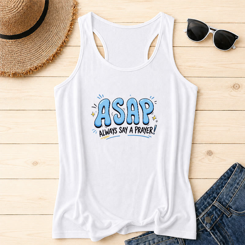 Christianartworkshop Cartoon Bubble Large ASAP Letter Small Star Spark Accent Always Say A Prayer Racerback Tank Top - Bianco - 2XL - image 6