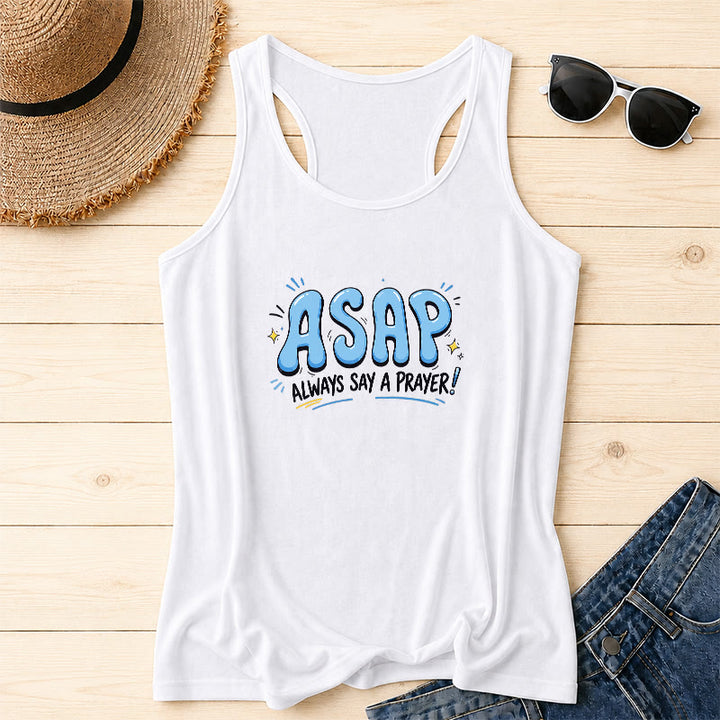 Christianartworkshop Cartoon Bubble Large ASAP Letter Small Star Spark Accent Always Say A Prayer Racerback Tank Top - Bianco - 2XL - image 6