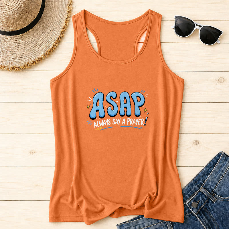 Christianartworkshop Cartoon Bubble Large ASAP Letter Small Star Spark Accent Always Say A Prayer Racerback Tank Top - Arancia - 2XL - image 14